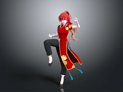 Woman With Red Hair In Red Traditional Outfit Dancing Pose Against Gray Background 3d model