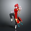 Woman With Red Hair In Red Traditional Outfit Dancing Pose Against Gray Background