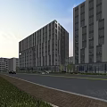 Modern Office Buildings with Glass Curtain Walls on Street with Trees Evening Pedestrians and Vehicles