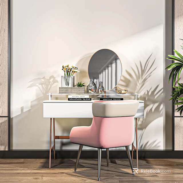 Elegant Modern Dressing Table With White Countertop Round Mirror Pink Chair And Decorative Items 3d model 