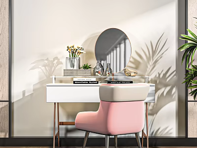 Elegant Modern Dressing Table With White Countertop Round Mirror Pink Chair And Decorative Items 3d model
