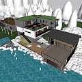 Modern Waterfront Vacation Rental House with Grassland Trees Open Terrace and Multiple Structures