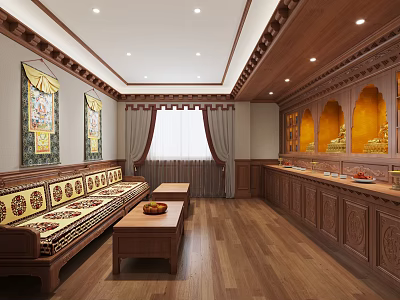 Traditional Religious Interior Design Featuring Wooden Decor Murals Buddha Statues And Furniture 3d model