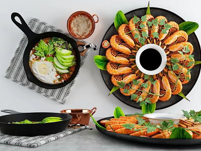 Grilled Shrimp with Coriander Avocado Egg Soup and Dipping Sauce on Black Plates 3d model
