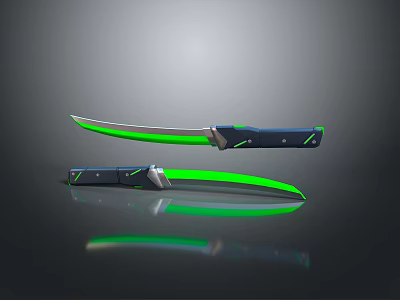 3D Rendered Tactical Knife With Green Glowing Blade And Black Handle Design 3d model