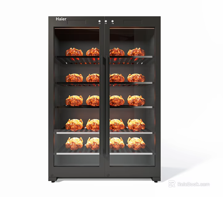 Haier Double Door Display Refrigerator With Multiple Shelves And Roasted Chickens 3d model 