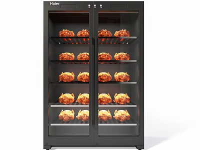 Haier Double Door Display Refrigerator With Multiple Shelves And Roasted Chickens 3d model