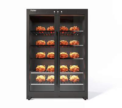 Haier Double Door Display Refrigerator With Multiple Shelves And Roasted Chickens 3d model