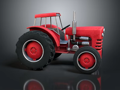 Red Tractor With Open Cab Large Black Wheels And Reflective Surface 3d model
