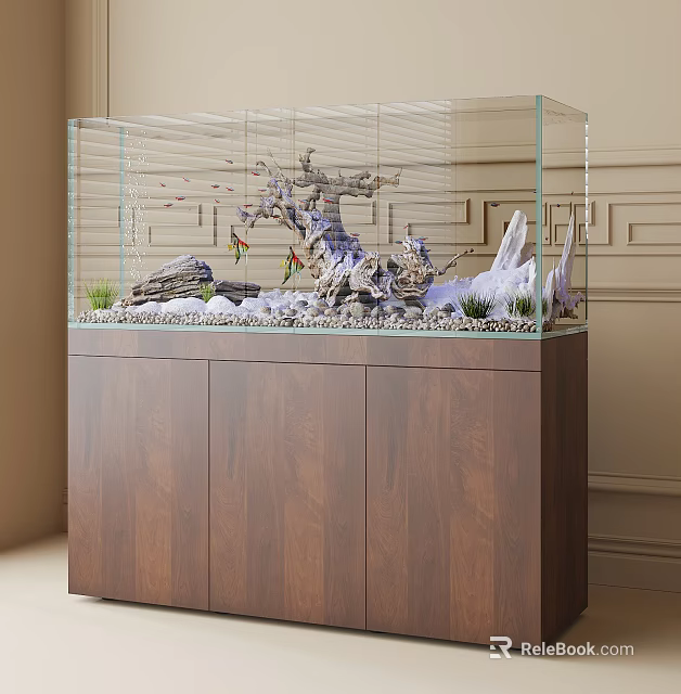 Indoor Glass Aquarium with Natural Aquascape Rocks Plants and Wooden Cabinet Base 3d model 