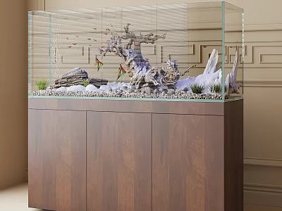Indoor Glass Aquarium with Natural Aquascape Rocks Plants and Wooden Cabinet Base 3d model