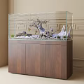 Indoor Glass Aquarium with Natural Aquascape Rocks Plants and Wooden Cabinet Base