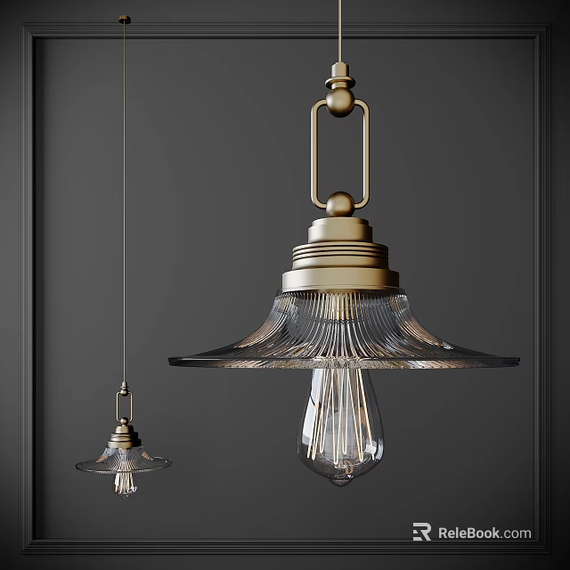 Brass Pendant Light With Ribbed Glass Shade And Edison Bulb Vintage Indoor Decor Design 3d model 
