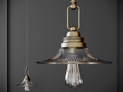 Brass Pendant Light With Ribbed Glass Shade And Edison Bulb Vintage Indoor Decor Design 3d model