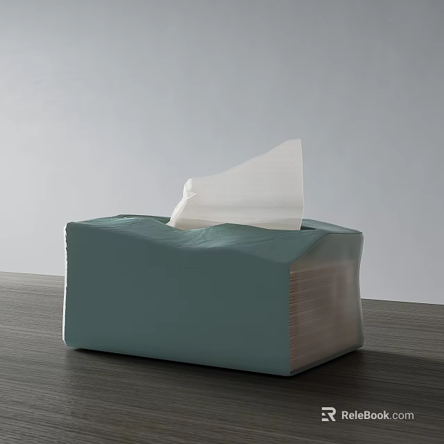 Light Green Household Tissue Box With Pulled Out Paper On Wooden Tabletop 3d model 