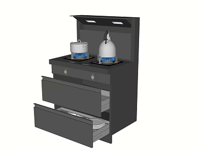 Kitchen Appliance Unit With Gas Stove And Open Drawers Holding White Pots 3d model