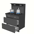 Kitchen Appliance Unit With Gas Stove And Open Drawers Holding White Pots