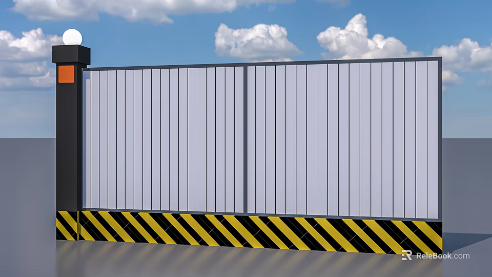 Gray Construction Fence With Yellow Black Warning Stripes And Blue Sky Background 3d model 