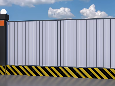 Gray Construction Fence With Yellow Black Warning Stripes And Blue Sky Background 3d model