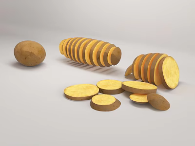 Fresh Raw Whole Potato and Sliced Potato Slices for Cooking Preparation 3d model