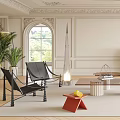 Luxurious Living Room Interior With Arched Windows Elegant Ceiling Moldings Curved Sofa And Black Chairs
