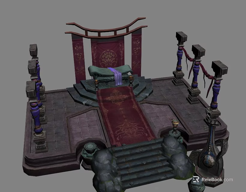 Ancient Style Throne Platform With Red Carpet Steps And Decorative Pillars 3d model 