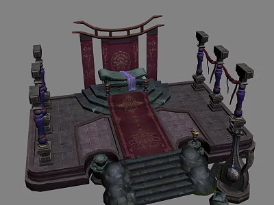 Ancient Style Throne Platform With Red Carpet Steps And Decorative Pillars 3d model