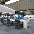 Bright Public Office Space With Multiple Desks Office Chairs Computers And Large Screen Monitors 3d model