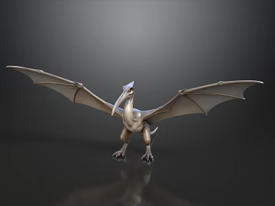 3D Pterodactyl Model With Spread Wings Standing On Dark Reflective Surface 3d model