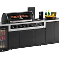 Modern Outdoor Kitchen Station With Grill Refrigerator Sink Wine Glasses Bottles And Fruits