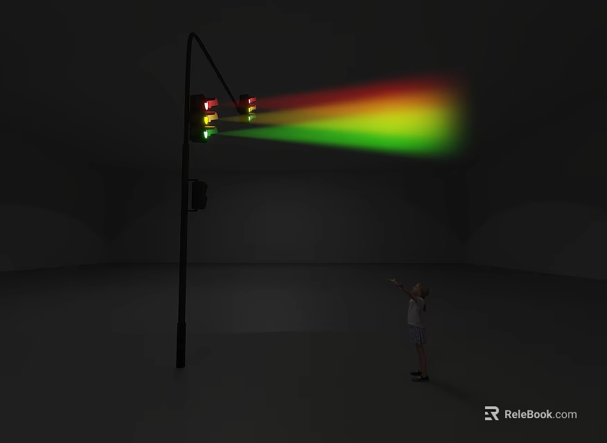 Decorative Light Post Emitting Multi colored Light Beams with Child Reaching Out in Dark Environment 3d model 