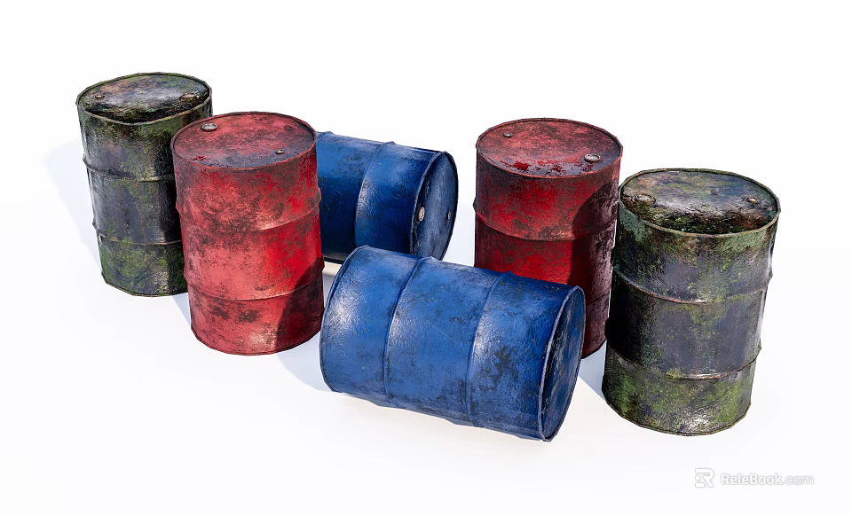 Multicolored Industrial Equipment Oil Drums in Various Colors and Sizes 3d model 