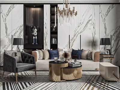 Luxury Modern Sofa Coffee Table Set With Marble Wall Chandelier Accent Chair And Geometric Rug 3d model
