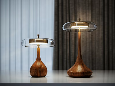 Two Illuminated Table Lamps With Wooden Bases And Transparent Shades On White Tabletop 3d model