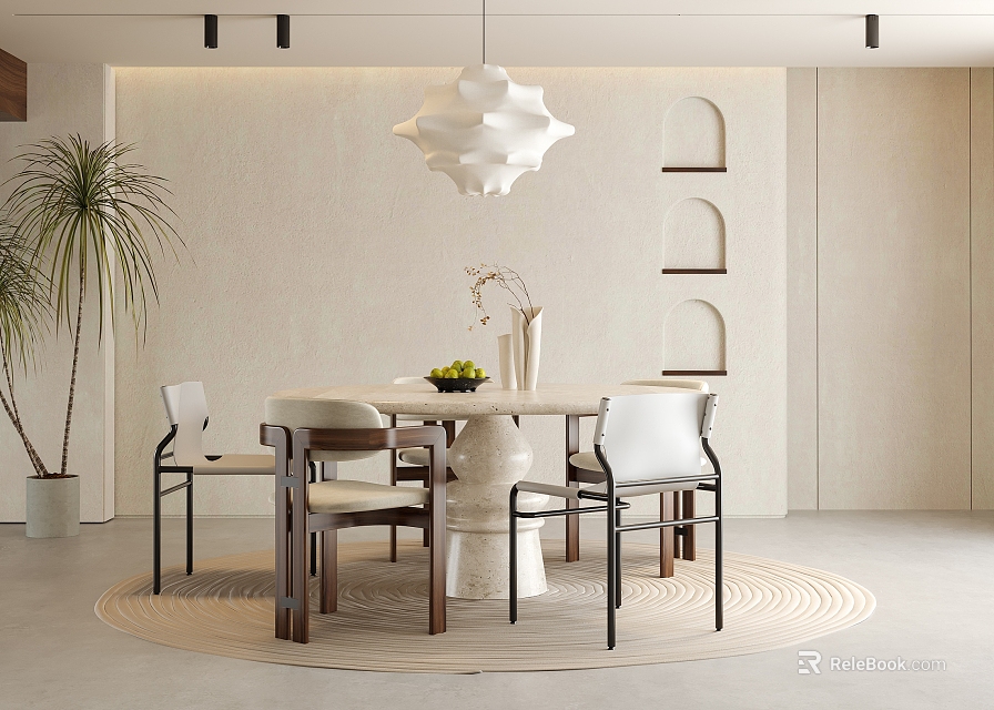 Restaurant Interior With Round Dining Table Chairs Arched Wall White Pendant Light And Green Plant 3d model 