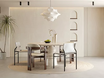 Restaurant Interior With Round Dining Table Chairs Arched Wall White Pendant Light And Green Plant 3d model