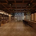 Elegant Wine Cellar With Wooden Racks Bar Counter Seating Pendant Lights And Herringbone Floor