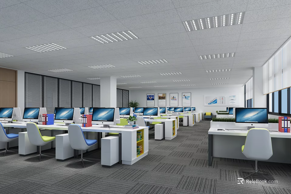 Modern Public Office Space With Multiple Workstations Computers Office Chairs And Bright Lighting 3d model