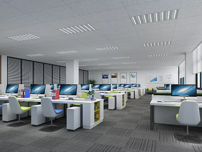 Modern Public Office Space With Multiple Workstations Computers Office Chairs And Bright Lighting 3d model