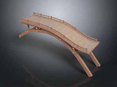 Wooden Arch Bridge Featuring Curved Design Wooden Railings Planks And Support Legs 3d model
