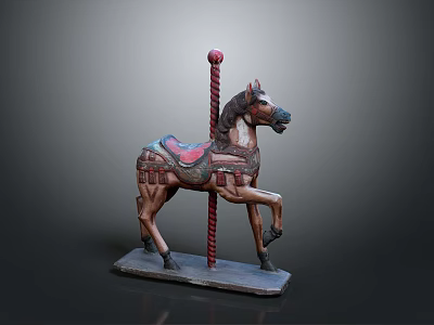 Vintage Carousel Horse With Red Striped Pole Decorative Saddle And Wooden Base 3d model