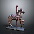 Vintage Carousel Horse With Red Striped Pole Decorative Saddle And Wooden Base