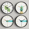 Four Decorative Wall Clocks With Different Leaf Pineapple And Striped Designs 3d model