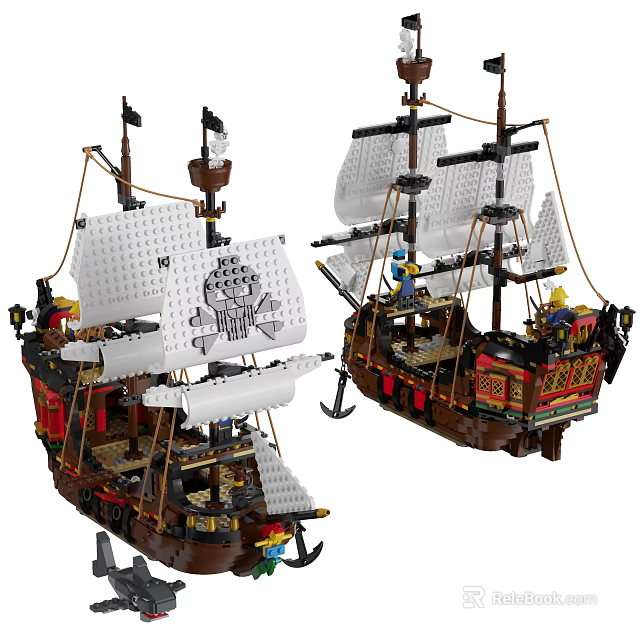 Detailed Building Blocks Pirate Ship Model With Sails Masts And Ornate Decorative Elements 3d model