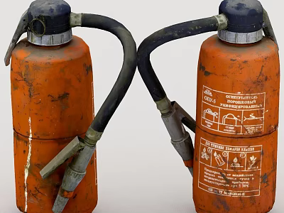 Old Orange Fire Extinguishers With Black Hoses Worn Labels And Nozzles 3d model