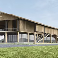 Modern Wooden Building With Black Roof Large Windows And Waterfront Reflection