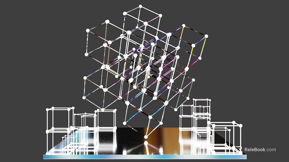 Modern Abstract Sculpture With Geometric Lattice Framework And Transparent Reflective Surfaces 3d model 