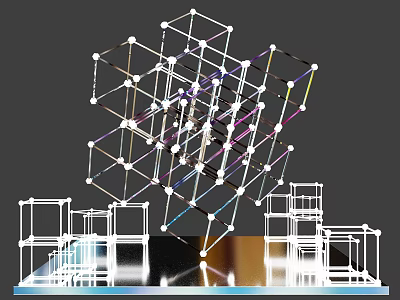 Modern Abstract Sculpture With Geometric Lattice Framework And Transparent Reflective Surfaces 3d model