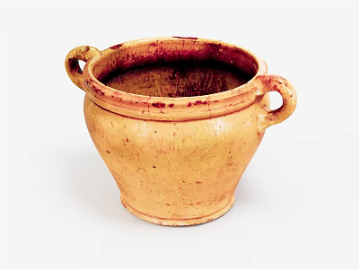 Traditional Handcrafted Clay Pot With Two Handles And Yellowish Brown Glaze 3d model