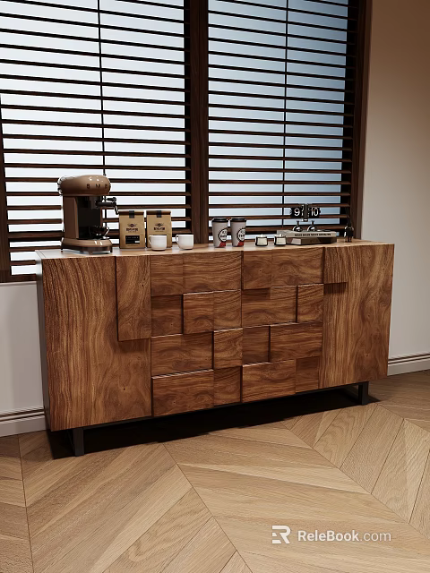 Modern Wooden Sideboard With Geometric Panel Design Coffee Machine And Cups On Top 3d model 